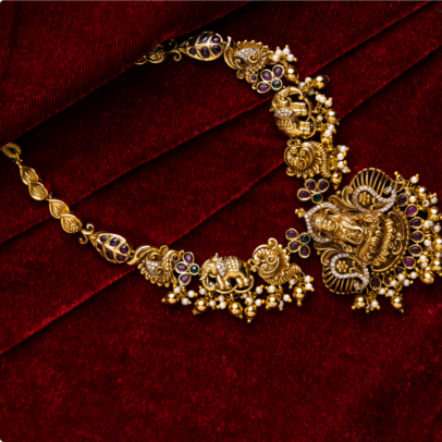 Antique Temple Necklace with Goddess Lakshmi and Elephant Motifs