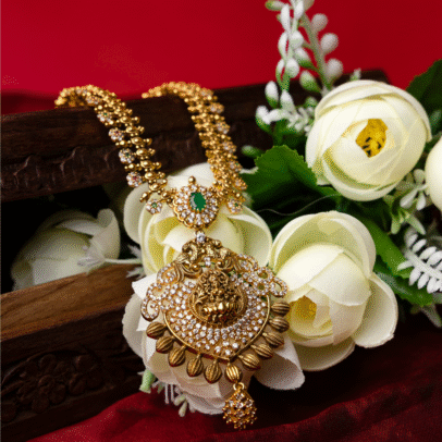 Traditional Lakshmi Temple Gold with Zercon  Necklace with Intricate Pendant