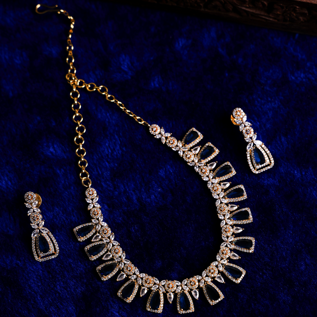 Elegant Blue tangenent Zercon Drop Necklace & Earring Set