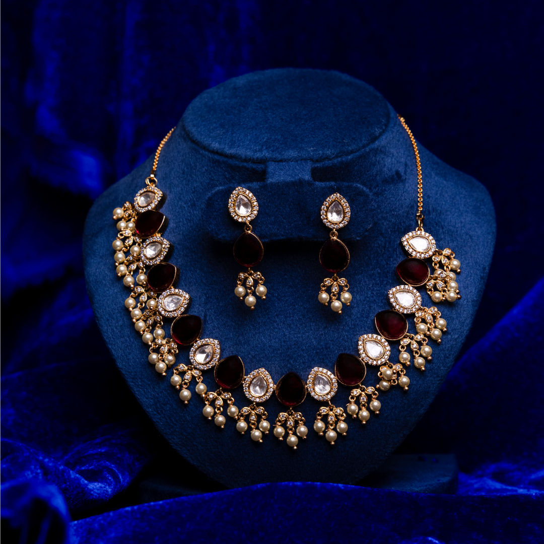 Royal Kundan with Maroon Zircon stone & Pearl hanging Necklace Set