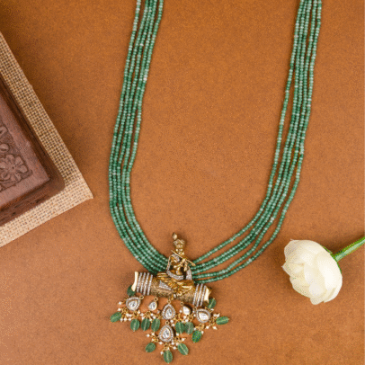 Semi-precious Green 4 line Beaded Matt Gold with Zercon stone Krishna Pendant Haara