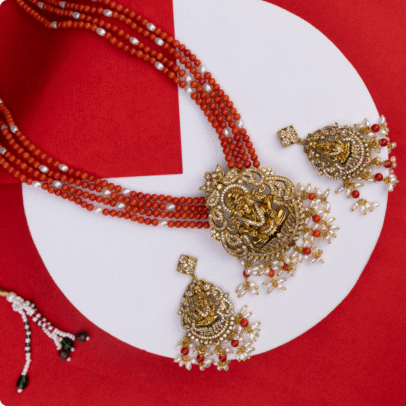 Elegant Lakshmi Temple double hook  Pendent Set with Coral Beads