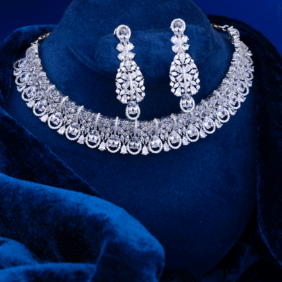 Exquisite Cubic Zercon Diamond - Studded Necklace & Earring Set